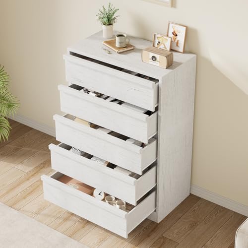 GarveeHome 5 Drawer Dresser for Bedroom, White 5 Chest of Drawers Tall with Large Drawers Storage, Modern Dresser Organizer for Living Room, Nursery, Entryway