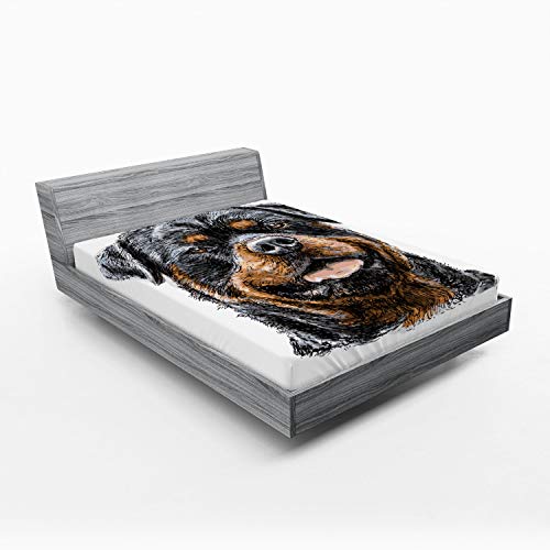 Ambesonne Rottweiler Fitted Sheet, Hand Drawn Image of Dog Type Realistic and Furry, Bed Cover with All-Round Elastic Pocket for Comfort, California King, Brown Grey