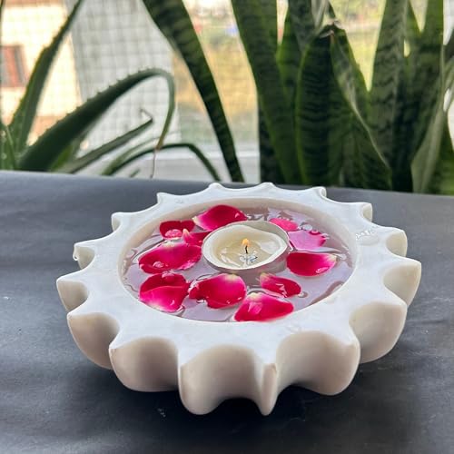 Image of Marble Urli Bowl for Decoration | Big Potpourri Decorative Bowls in Home decor | Large White Floating Flower Plates of Stone | Small Shape puja Item | (6 inch, Sunburst)