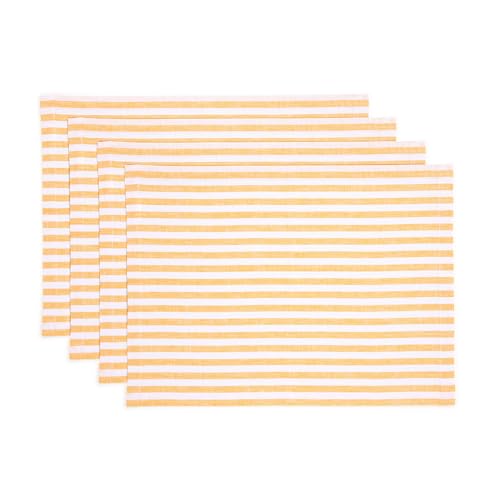 Image of Solino Home 100% Pure Linen Placemats, 14 x 19 in, Mustard Stripe, Set of 4