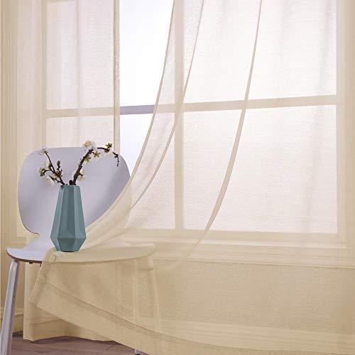 Beige Curtains 84 Inches Long For Living Room Set Of 2 Panels Grommet Window Drapes Semi Voile Linen Look Sheer Curtains For Bedroom Kids Nursery 1 Pair 52X84 Inch Length Nickel Ring Beige Tan Color #TOP2