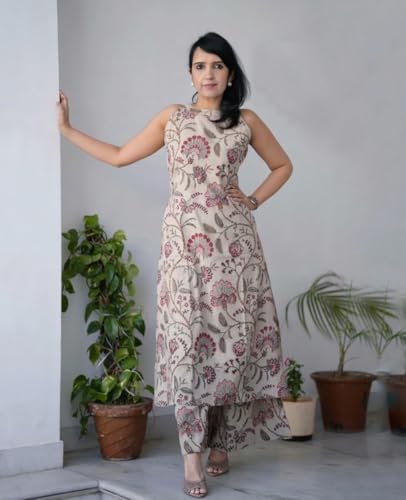Image of GoSriKi Kurta Set for Women Viscose Printed | Kurti Set for Woman | Kurta Palazzo 2 Piece Outfit | Band Collar Sleeveless Regular Fit Ethnic Dress Stylish Clothing