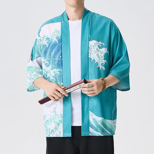 Image of Men's Japanese Kimono Robe Jacket Lightweight 3 /4 Sleeve Open Front Yukata | Silky Smooth Fashion Print Happi Coat Lightweight Breathable Loose Unisex Haori Casual Summer Cardigan Daily Beach Vacation