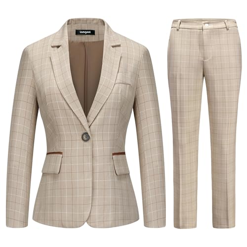 Lamgool Women's 2 Piece Plaid Suit Lady's Business One Button Lined Blazer Jacket Pant Set