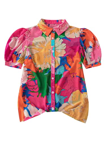 SweatyRocks Women's Floral Print Button Down Blouses Puff Short Sleeve Boho Vacation Shirts