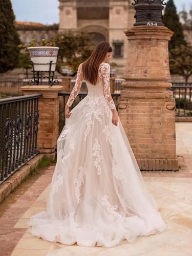 Long Sleeves Wedding Dresses for Bride 2025 Boho Beach A-Line Appliques Lace Bridal Ball Gowns with Train2