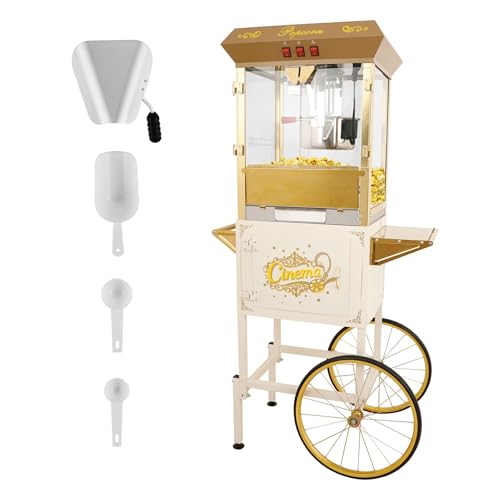 Image of 16Oz Commercial Popcorn Machine With Cart and 16 Oz Kettle, Movie Theater Popcorn Machine, Silver Golden Pop Corn Machine with 3-Switch Control & Steel Frame Tempered Glass Doors