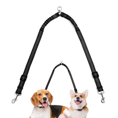 犬用ダブルリード,360度回転 引っ張り防止 テープ - 反射 衝撃吸収 ペット用 軽量設計 夜間 安全 調整可能ストラップ 快適グリップ 駐車場 キャンプ 旅行 都市散歩 ハイキング アウトドア 日常トレーニング用