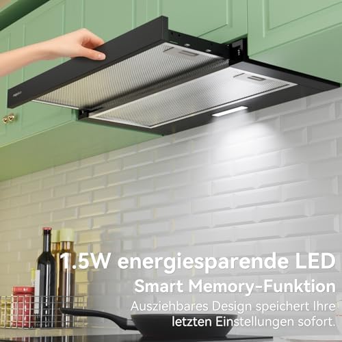 Bild 4 - Flachschirmhaube Dunstabzugshaube 60 cm Schwarz, 370 m³/h Abluft/Umluft, Energieeffizienzklasse A, LED-Beleuchtung, nur 60/65 dB(A), inkl. Aktivkohlefilter