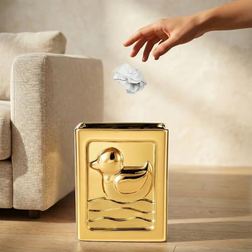 Image of Gold Trash Can - 7L /1.85Gallon Ceramic Waste Basket, Decorative Duck Small Garbage Can for Kitchen, Bathroom, Bedroom, Office, Multi-Purpose Storage Bin
