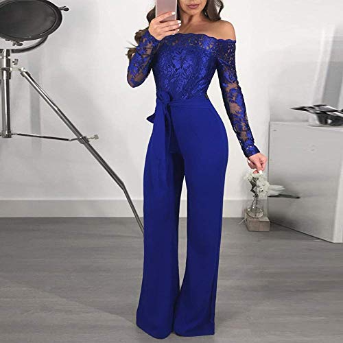 Women Elegant Appliques Lace Patchwork Jumpsuit Sexy Off Shoulder High Waisted See Through Long Sleeve Bodycon Wide Leg Overall Romper Pants With Belt Cocktail Party Clubwear Blue Medium #TOP4