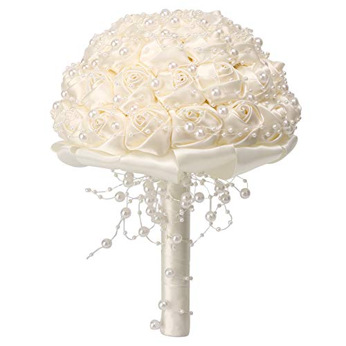 mumisuto Hand Made Wedding Flowers Bridal Bouquets Crystal Bride Holding Bouquet White Ivory Satin Roses with Diamond Pearl Ribbon