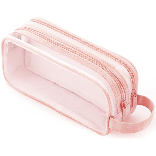 MAMUNU Mesh Pencil Case, Large Transparent Pencil Case with 2 compartments and Zipper, Clear Pencil Case Stationery for School College Home Office, Exam Pencil Case for Kids Boys Girls (Pink)