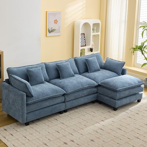 111'' Sectional Cloud Deep Seat Couch, Modern Comfy Chenille L Shaped Sectional Sofa for Living Room Set, Upholstered Modular 4-Seats Sofa Couch with Movable Ottoman, Blue