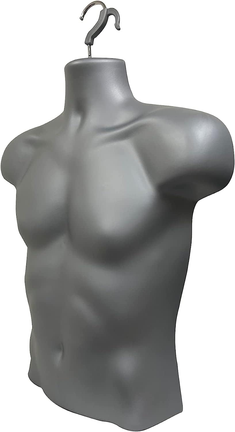 DisplayTown 1 Pack Gray Male Mannequin Injection Form Half Rounded Waist Body Torso Dress Form with Only Hanging Hook, S-M Sizes