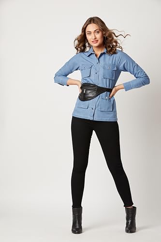 Image of Miss Chase Women's Polo Neck Full Sleeves Patch Pocket Denim Overcoat Knee-Length Jacket