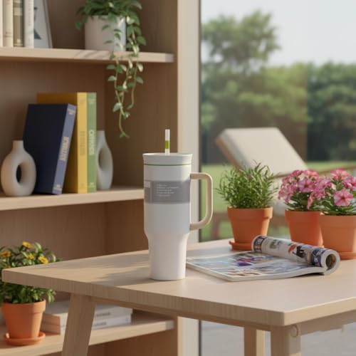 Image of HomeCloud 1200ml Insulated Coffee Tumbler with Lid - Double Wall Travel Mug for Hot & Cold Drinks, Leak-Proof, Durable, Portable, Stylish Stainless Steel Design (White with Brown Handle)