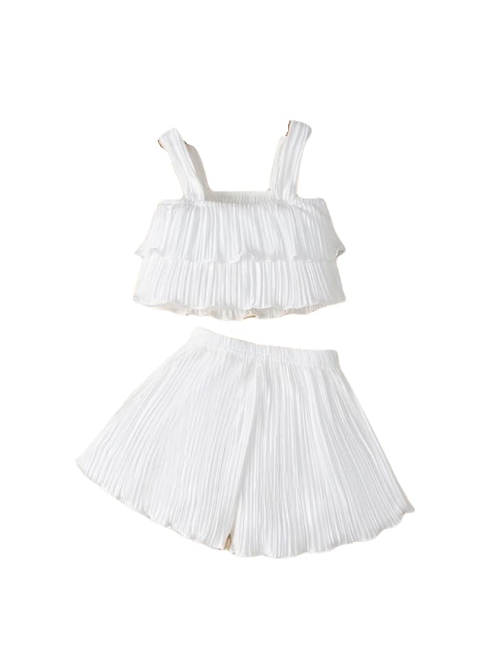 M D FASHIONCasual Chiffon Solid Sleeveless Designer Frill Crop Top with Matching Shorts for Girls (White, 18-24 Months)