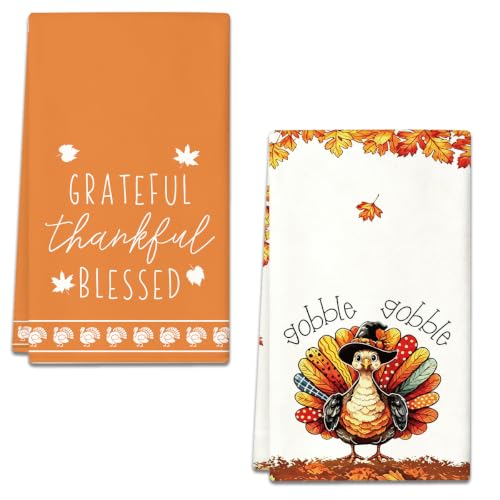2Pcs Gobble Turkey Autumn Leaves Fall Thanksgiving Kitchen Towel2020