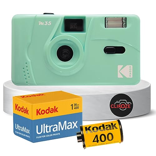 Ensemble d'appareil photo réutilisable comprenant un appareil photo Kodak M35 35 mm, un film Kodak 35 mm 36 poses et une carte Clikoze Tips (menthe)