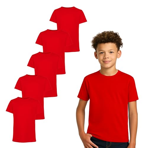 Gift Hub Boys & Girls T-Shirts for Kids (Pack of 5) | Cotton, Plain, Short Sleeve, Comfortable & Durable Tops in Multicolor | Best for School, Sports, Travel & Outdoor Activities | Red, 7-8 Yrs