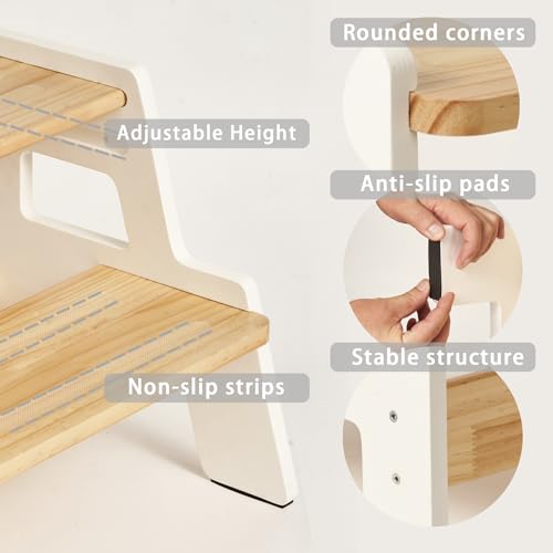 Image of Toddler Step Stool for Kids - Height Adjustable Non-Slip Wooden Step Stool for Bathroom Sink, Kitchen & Potty Training 2-Step - White