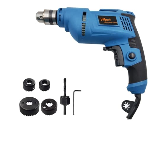 Image of Hillgrove HGCM1091M3 500W Power Drill Machine with 6Pcs Wood Working Hole Saw Drill Bits for Making Holes in Metal /Wood /Concrete with Reverse Rotation and Variable Speed Pistol Drill (10mm Chuck Size)