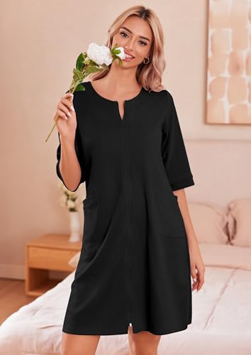 Ekouaer Zip Up Robes for Women Short Waffle Bathrobe Lightweight Knee Length Housecoat with Pockets Nightgown S-3XL3