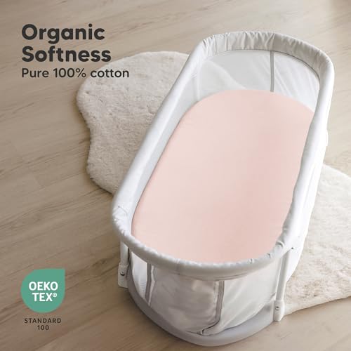 Image of 2-Pack Organic Bassinet Sheets for Girls, Boys - 100% Cotton Bassinet Mattress Sheets Compatible with Halo Bassinest Swivel Sleeper, Graco, Baby Delight, Chicco, Fitted Bassinet Sheets (Cameo)
