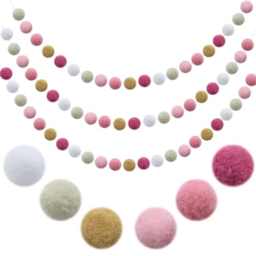 3Pcs Pom Pom Garland Felt Balls Felt Ball Garland with 90 Balls Pastel Pom Pom Garland Nursery Decor Colorful Pom Poms Garlands for Bedroom Christmas Wedding Birthday Party Decoration