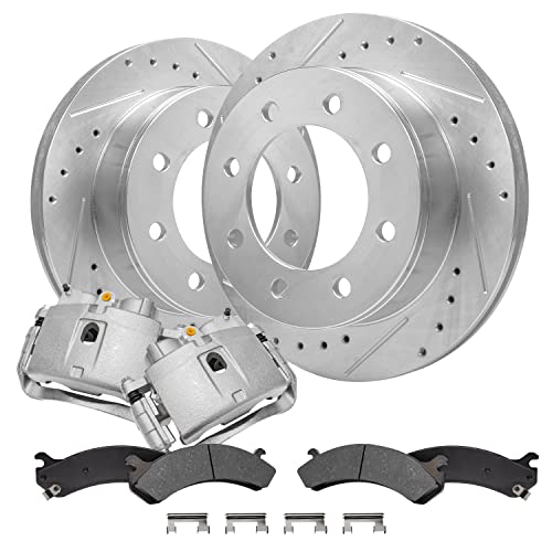Image of Detroit Axle - Front Brake Kit for Chevrolet GMC Express Savana Silverado | Sierra 2500 3500 Drilled & Slotted Disc Brake Rotors Ceramic Brake Pads Replacement Brake Calipers