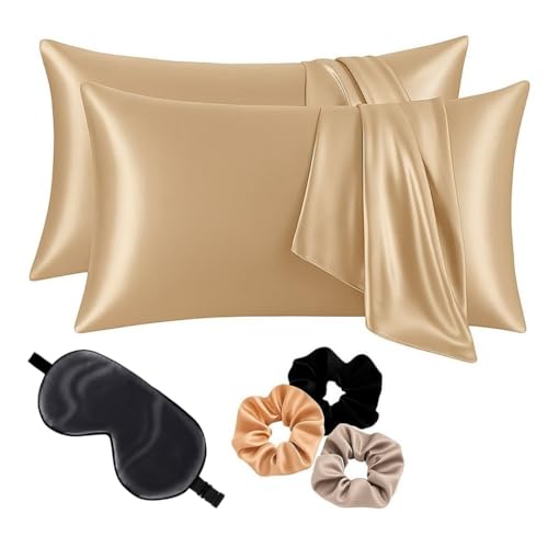 Image of Premium Satin Pillowcase Set of 2 with Eye Mask & 3 Scrunchies | Silky Soft, Anti-Frizz, Skin & Hair Care Sleep Set | Luxury Gift Combo for Women & Girls (Champagne)