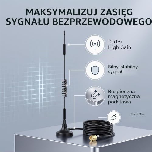 Antena 433 MHz 10 DBi o Dużym Wzmocnieniu, 31 Cm, Wtyk SMA dla Modułu 433 MHz, Magnetyczna Antena Ssąca z Kablem z Czystej Miedzi 174 i dużą stabilnością Sygnału