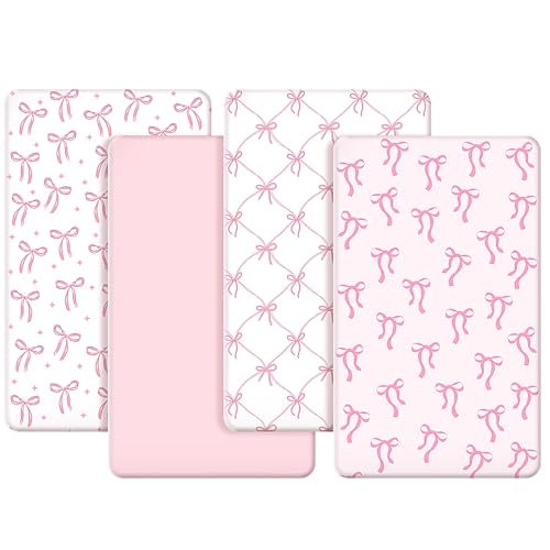 Image of CroBlissful 4 Pack Coquette Pink Bows Baby Crib Fitted Sheet 52'' x 28'' Pink Bows Fitted Crib Mattress Sheet Coquette Baby Bedding for Standard Mattress Gift Set
