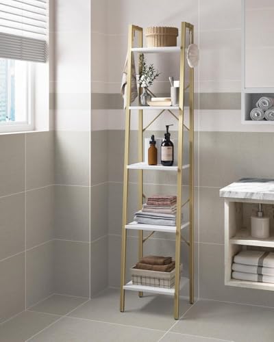 Image of Hzuaneri 5-Tier Ladder Shelf, Narrow Bookshelf, Corner Storage Shelves, Freestanding Bookcase with 2 Hooks for Home Office, Living Room, Kitchen, Bedroom, Industrial, White Gold BC03213G