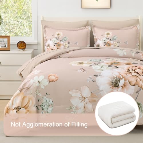 Image of Floral Comforters Queen Size 7 Pieces Botanical Dusty Pink Flower Bed in a Bag Ulter Soft Microfiber Bedding Set, Lightweight Bed Comforter Set with Sheets for All Season (Dusty Pink, Queen)