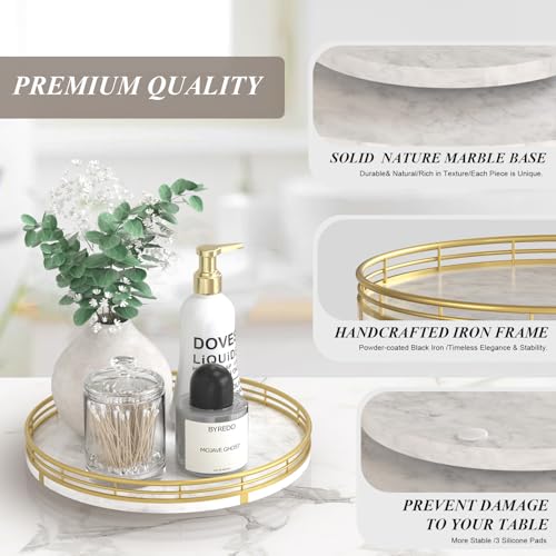 Image of White Marble Lazy Susan Turntable for Table Top - 10 inch Round Marble Tray Organizer for Bathrroom, Vanity, Dining Table, Kitchen Countertop & Bar, Luxury Stone Serving Tray with Gold Frame