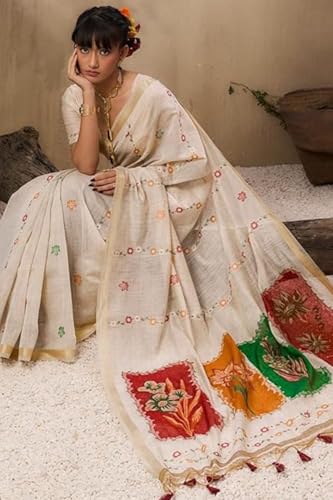 Image of SGF11 Women's Soft Cotton Linen Silk Saree With Unstitched Blouse Piece