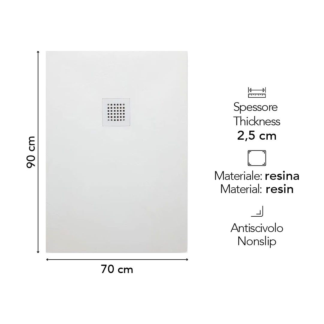 Kiamami Valentina - Receveur de Douche 90x70 en résine Blanche, avec douchette en Acier Assortie Muse