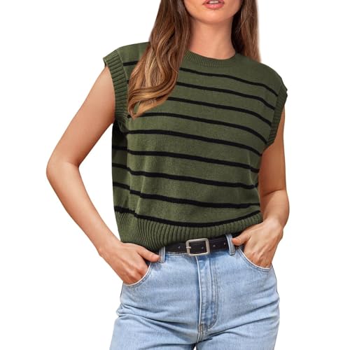 Image of Wowcarbazole Women's Striped Sweater Vest Summer Sleeveless Crew Neck Pullover Knit Tops Casual Trendy Crop Top