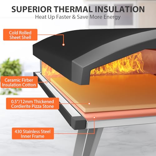 Pizza Oven Table Grill Cart with 12” Gas Pizza Oven, Propane Pizza Maker Outdoor and Universal Pizza Oven Grill Table 4 Wheels for Outside Backyard, Camping, Picnics, Patio