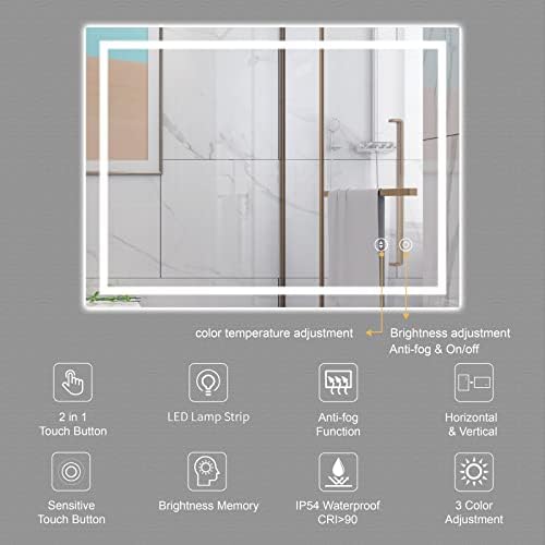 Dripex Bathroom Mirror with LED Lights, 500*700 MM Illuminated Backlit Wall Mounted Bathroom Mirrors Vanity Mirror Dimmable Switch 3 Colors and Demister Pad, Horizontal/Vertical