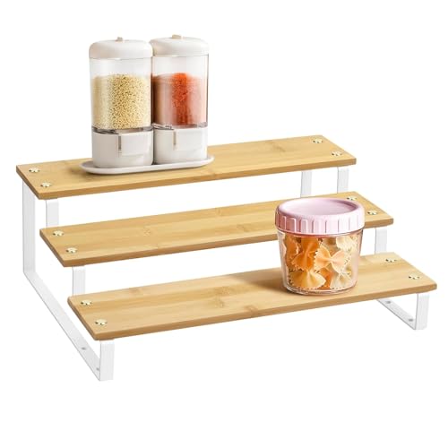Image of 3 Tier Wooden Spice Rack for Kitchen Countertop -Step Shelf Organizer for Spices, Jars & Condiments | Metal Frame Wood Shelf For Counter Storage - Walnut (35 x 24 x 15 cm)