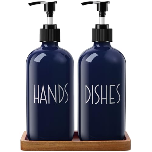 Navy Blue Dish Soap Dispenser for Kitchen - 16 OZ Hand Soap Dispenser Set with Acacia Wood Tray - Blue Kitchen Bathroom Home Decor and Accessories