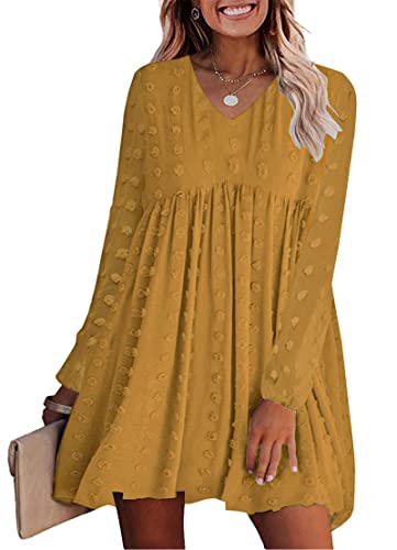 KIRUNDO Womens Dresses 2024 Spring Summer Long Sleeve Mini Dress V Neck Flowy Casual Swiss Dot Loose Babydoll Dress - Main Image
