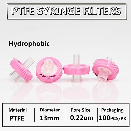 Image of Syringe Filters PTFE Hydrophobic Filtration 0.22um Micron Pore Size 13mm Membrane Diameter Lab PTFE Membrane Disc Non-Sterile by Labfil, Pack of 100