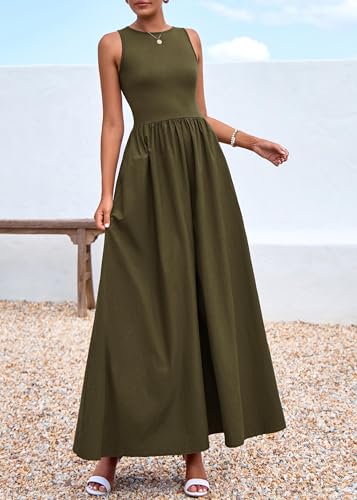 KIRUNDO Summe Sleeveless Maxi Dresses for Women 2026 Spring Wedding Guest A Line Tank Elegant Flowy Beach Long Sundress(Army Green, XX-Large) — view 6