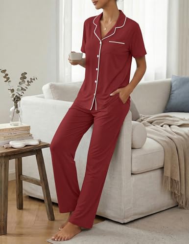 Image of Womens Pajamas Sets 2 Piece Button Up Pj Sets Short Sleeve with Long Pant