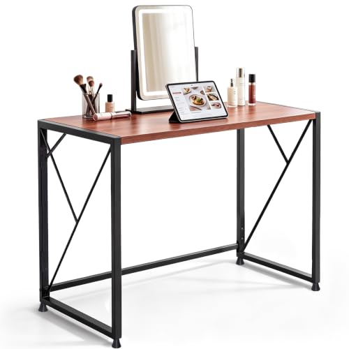 Image of LUCKRACER Vanity Desk with LED Lights Mirror & Charging Station, Makeup Vanity with Storage Drawers and Shelves, Modern Dressing Table for Women Girls Bedroom Brown