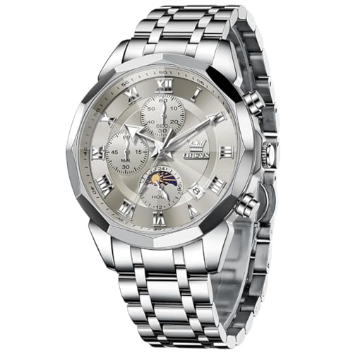 OLEVS Men Watch Quartz Luxury Business Watches Multifunction Chronograph Moon Phase Waterproof Luminous Grey Face Silver Stainless Steel Wrist Watches